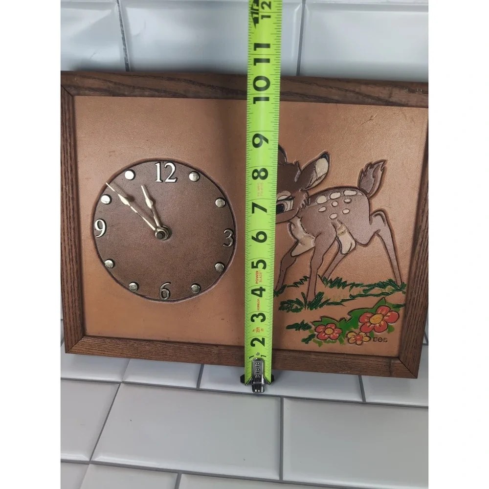 Vintage Hobbyist Clock Disney Bambi Wall Clock Framed Hand Tooled Leather By BoB